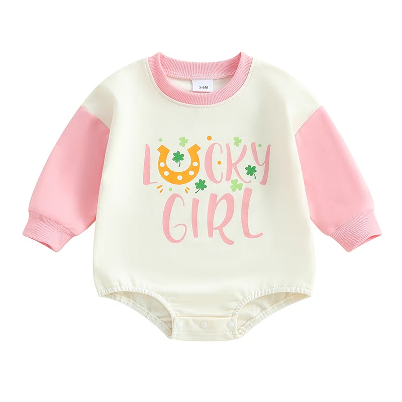 St Patrick s Day Toddler Jumpsuit Green Clover Print  Outfit Baby Romper Long Sleeve Crew Neck Bodysuit