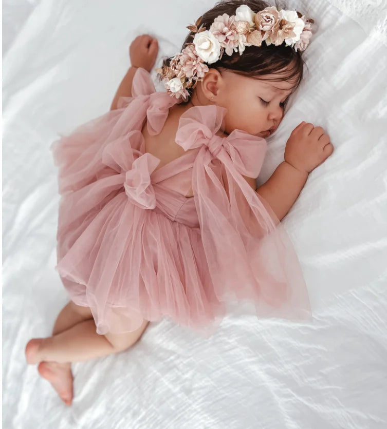 2025 Summer Baby Clothes 100 Day Baptism Birthday Party Sleeveless jumpsuit Mesh Bow Romper Girl Princess Dress