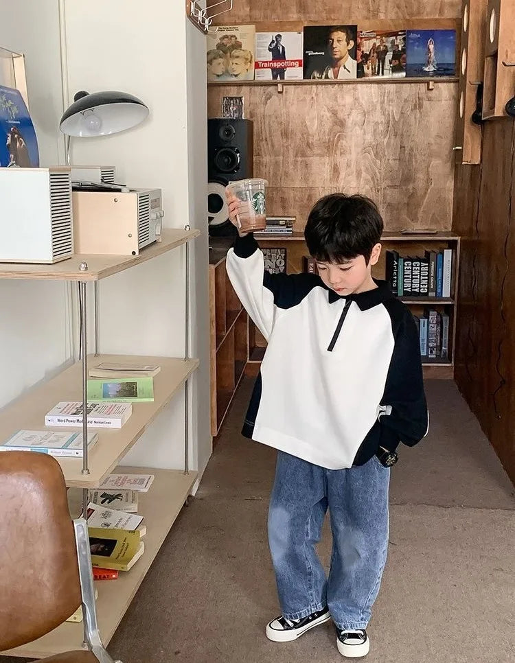 Boys' 2025 Spring/Autumn New Arrival Cotton Punk-Style Street-Savvy Trendy Polo Collar Sweatshirt - Stylish Baby Boys' Top