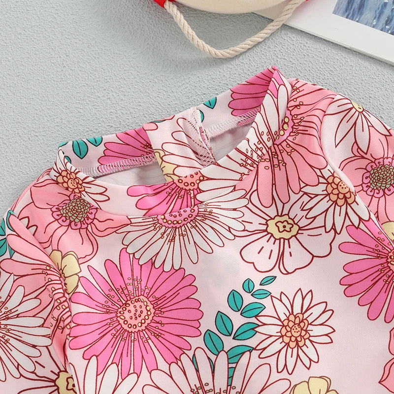 Infant Girls  Rash Guard Swimsuit with Long Sleeves and Cute Floral Print Baby Beachwear Tie-Up Bathing Suit