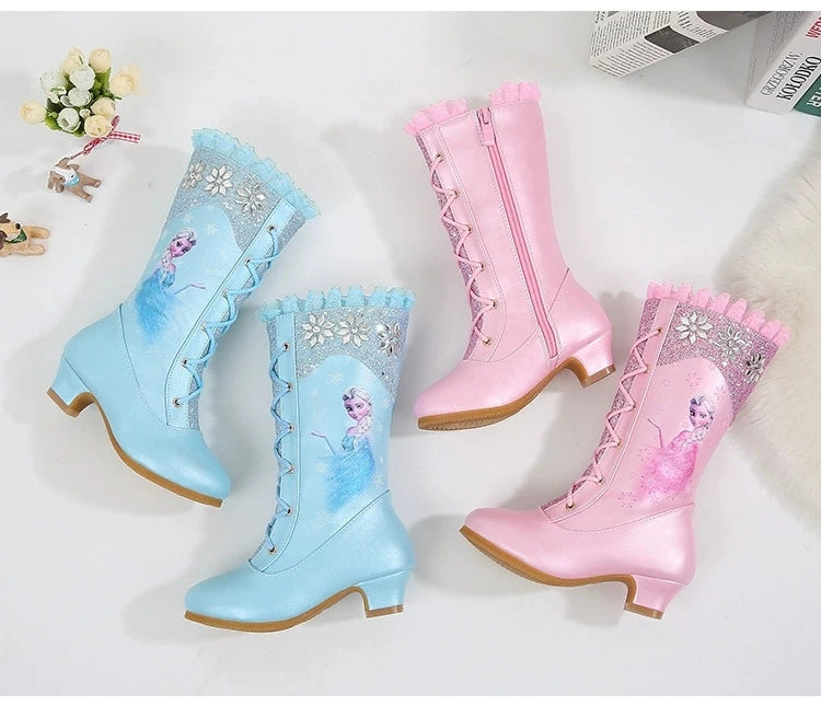 Disney Girls High Heel Boots Winter Children's Long Sleeved Plush Snow Warm Boots Princess Elsa Pink Blue Boots Size 27-37