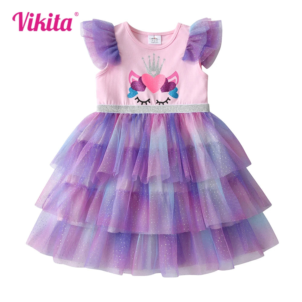 VIKITA Girls Unicorn Print Cartoon Dress Kids Summer Flare Sleeve Dresses Girls Layered Mesh Tulle Tutu Party Dress Kids Clothes