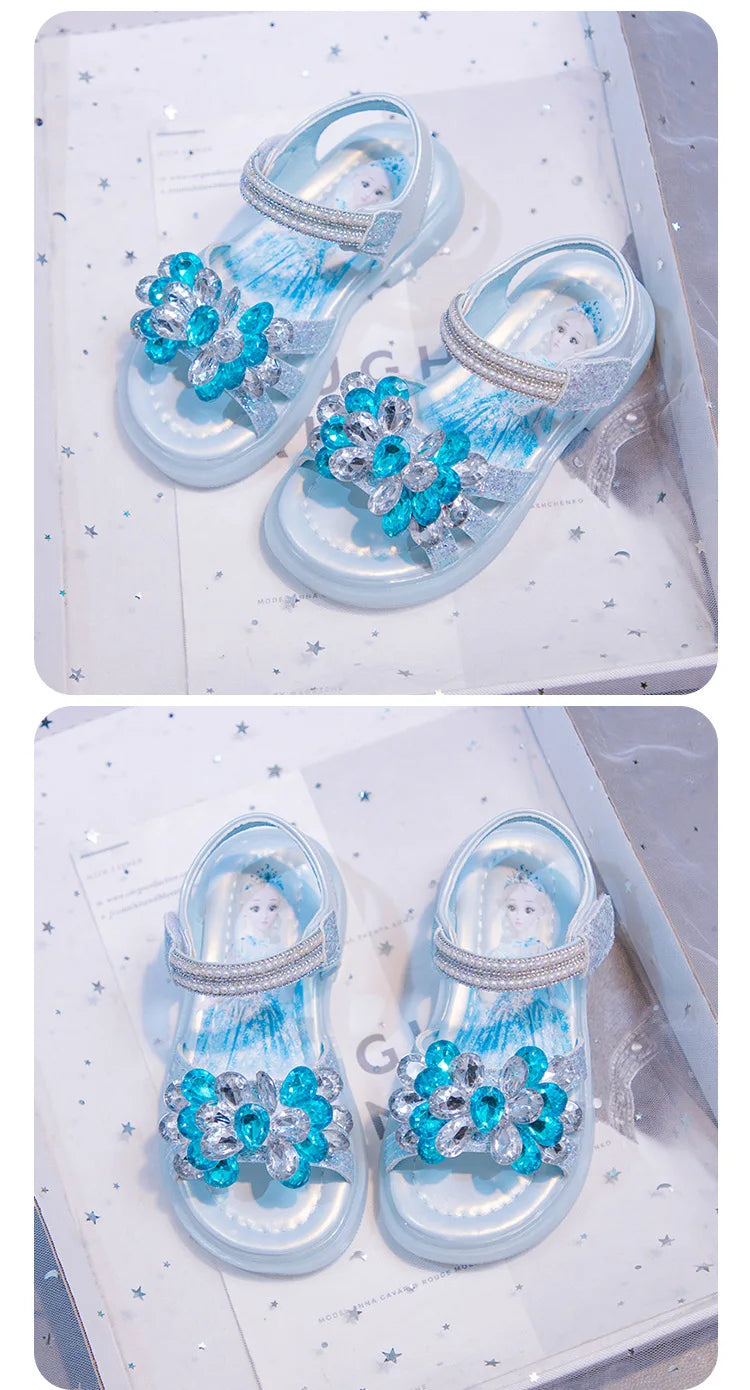 Kids' Sandals Elsa Princess Frozen PU Leather Crystal Summer Flat Shoes For Girls Breathable Anti-slip Blue Pink Size 23-33