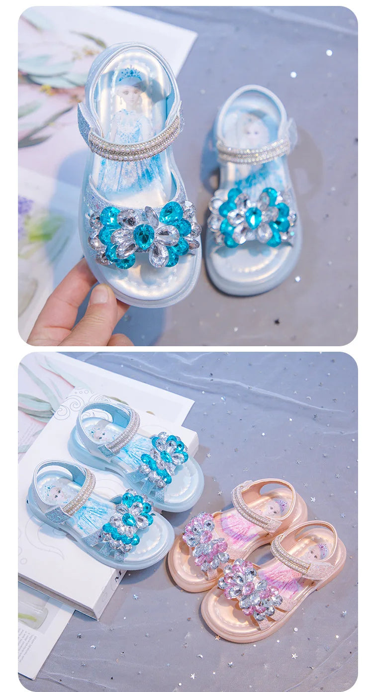 Kids' Sandals Elsa Princess Frozen PU Leather Crystal Summer Flat Shoes For Girls Breathable Anti-slip Blue Pink Size 23-33