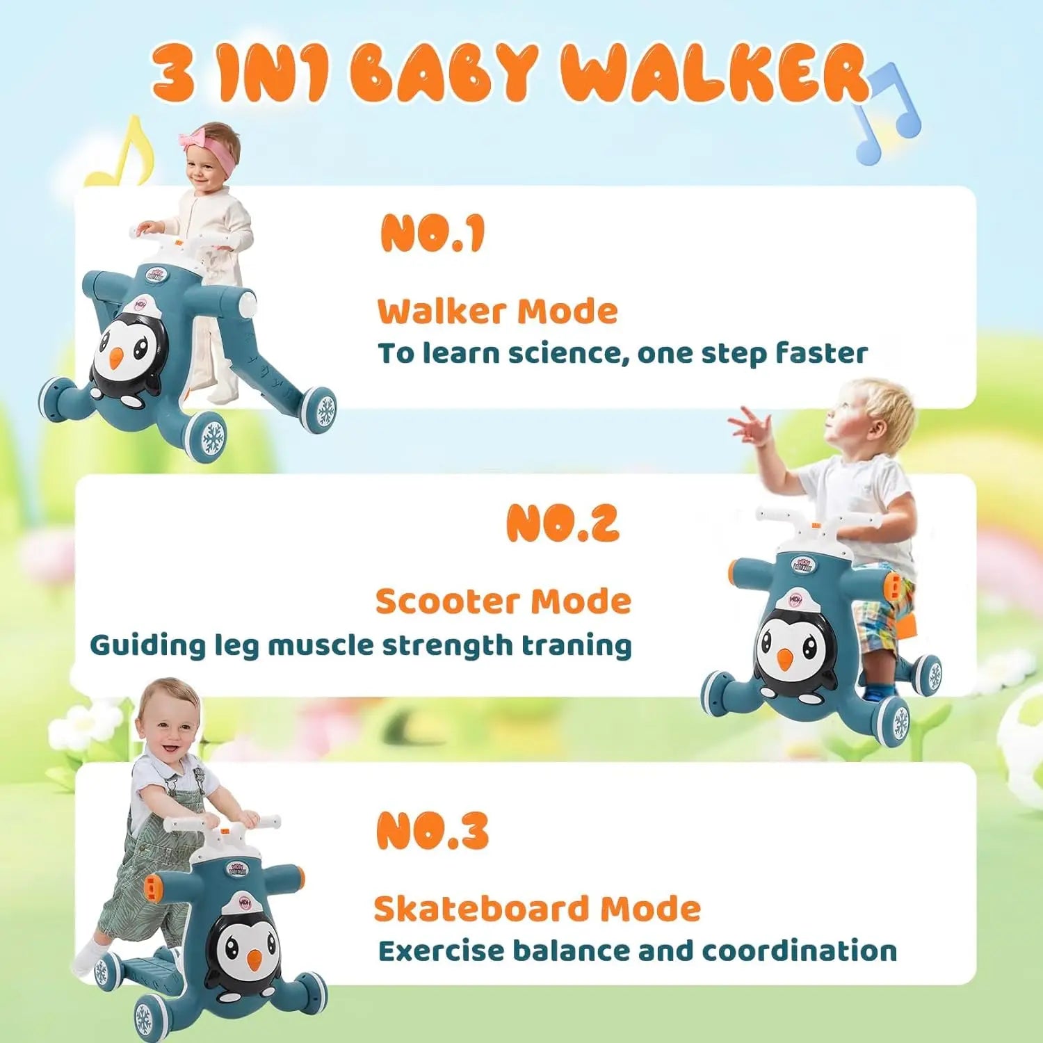 Baby Walker First Step 3 in 1 Sit-to-Stand Learning Walker Multifunctional Baby Push Along Walker Kids Activity Center