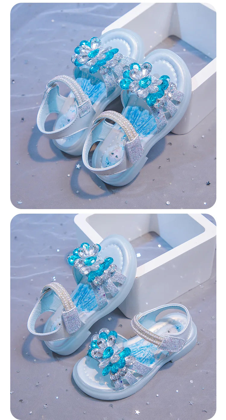 Kids' Sandals Elsa Princess Frozen PU Leather Crystal Summer Flat Shoes For Girls Breathable Anti-slip Blue Pink Size 23-33