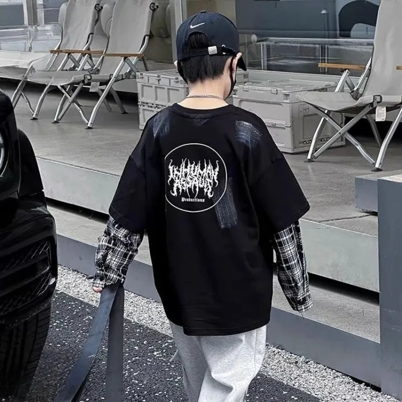 Fake Two Pieces Children's Clothing From 8 To 12 Years Boys Long Sleeve Tee Boys' T-shirt Graphic Shirts T-shirts Tees Boy Child