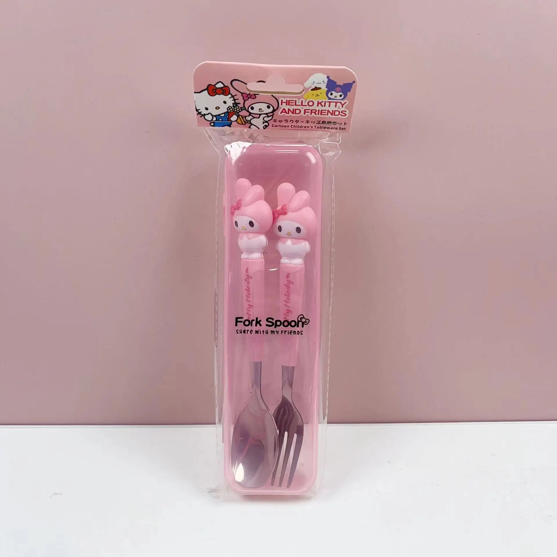 Sanrio Children Tableware Hello Kitty Melody Kuromi Silicone Handle Tableware Two-piece Set Cinnamoroll Fork Spoon Kids Gifts