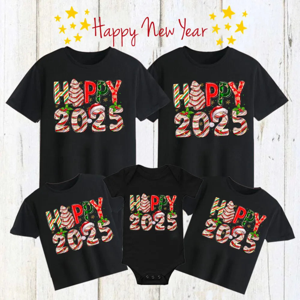 Happy 2025 Family Christmas Matching Tshirts Dad Mom Kids Tees Baby Bodysuits Christmas New Year Party Shirts Outfits