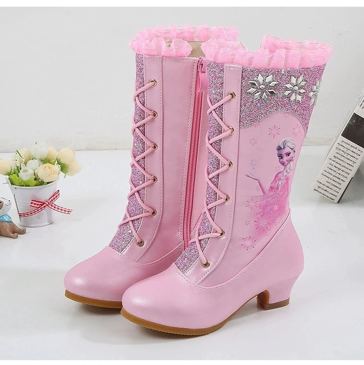 Disney Girls High Heel Boots Winter Children's Long Sleeved Plush Snow Warm Boots Princess Elsa Pink Blue Boots Size 27-37