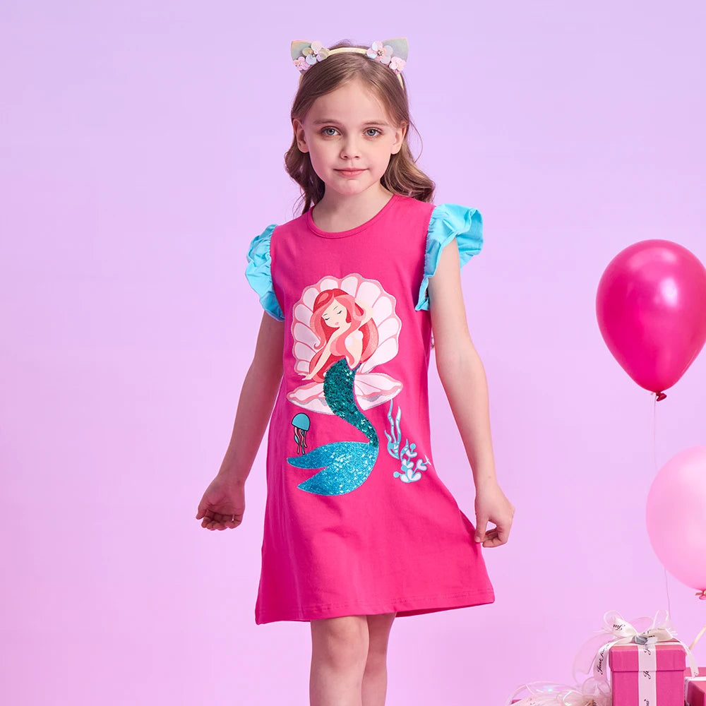 DXTON  Summer Kids Dresses For Girls Cartoon Toddler Clothing Everyday Children Dress Mermaid Sequin Princess Girls Casual Wear