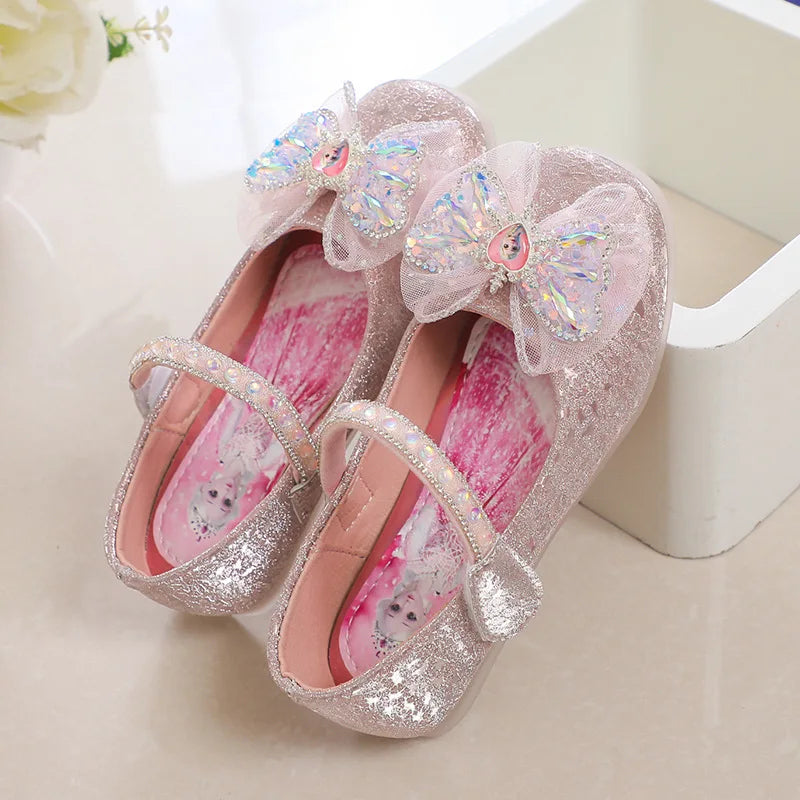 Kids'Casual Shoes Elsa Princess Frozen PU Leather Crystal Bow Spring Shoes For Girls Anti-slip Pink Blue Shoes Size 26-36
