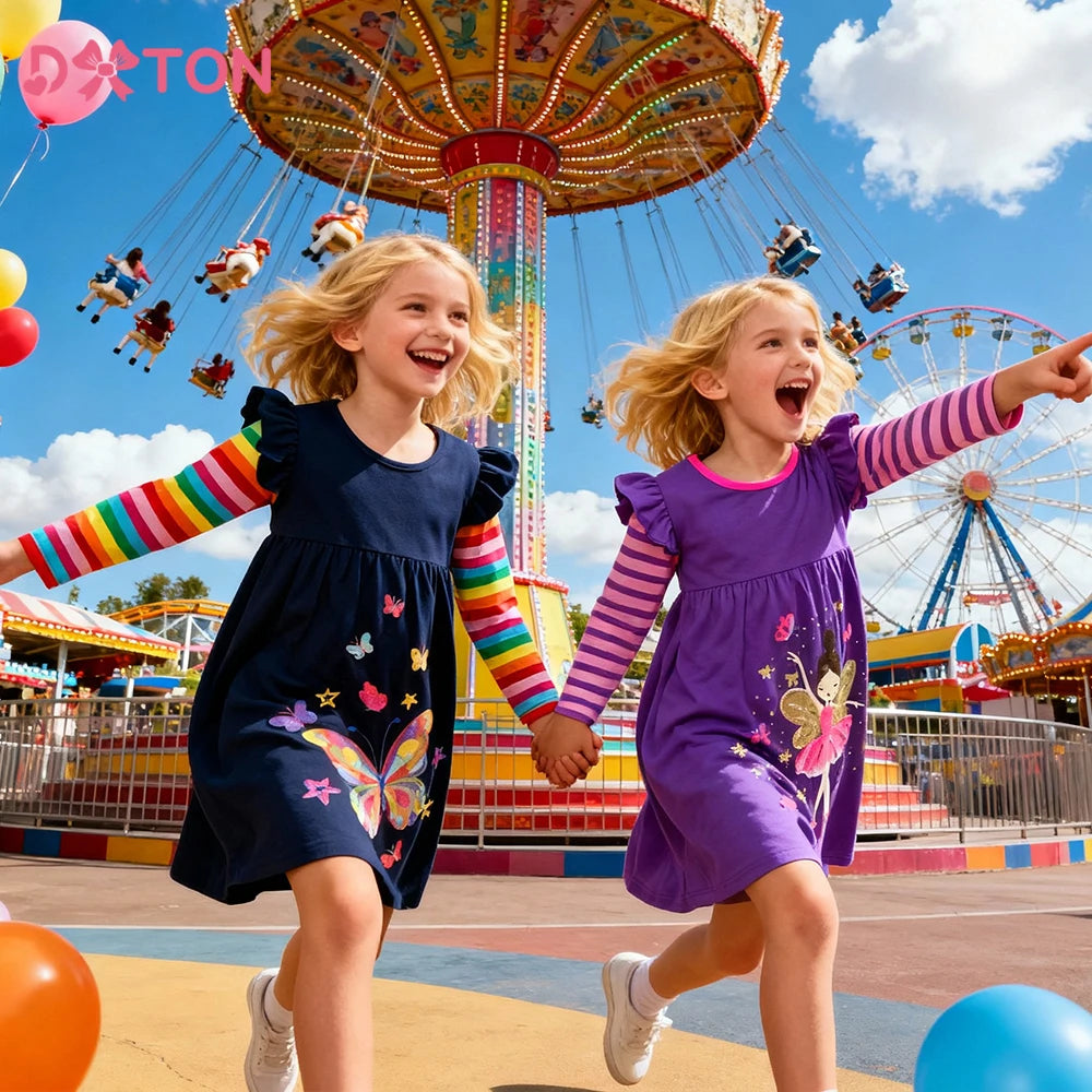 DXTON Children's Daily Dresses Cotton Toddler Casual Clothing Rainbow Long Sleeve Kids Dress Butterfly Vacation Girls Dress Wear