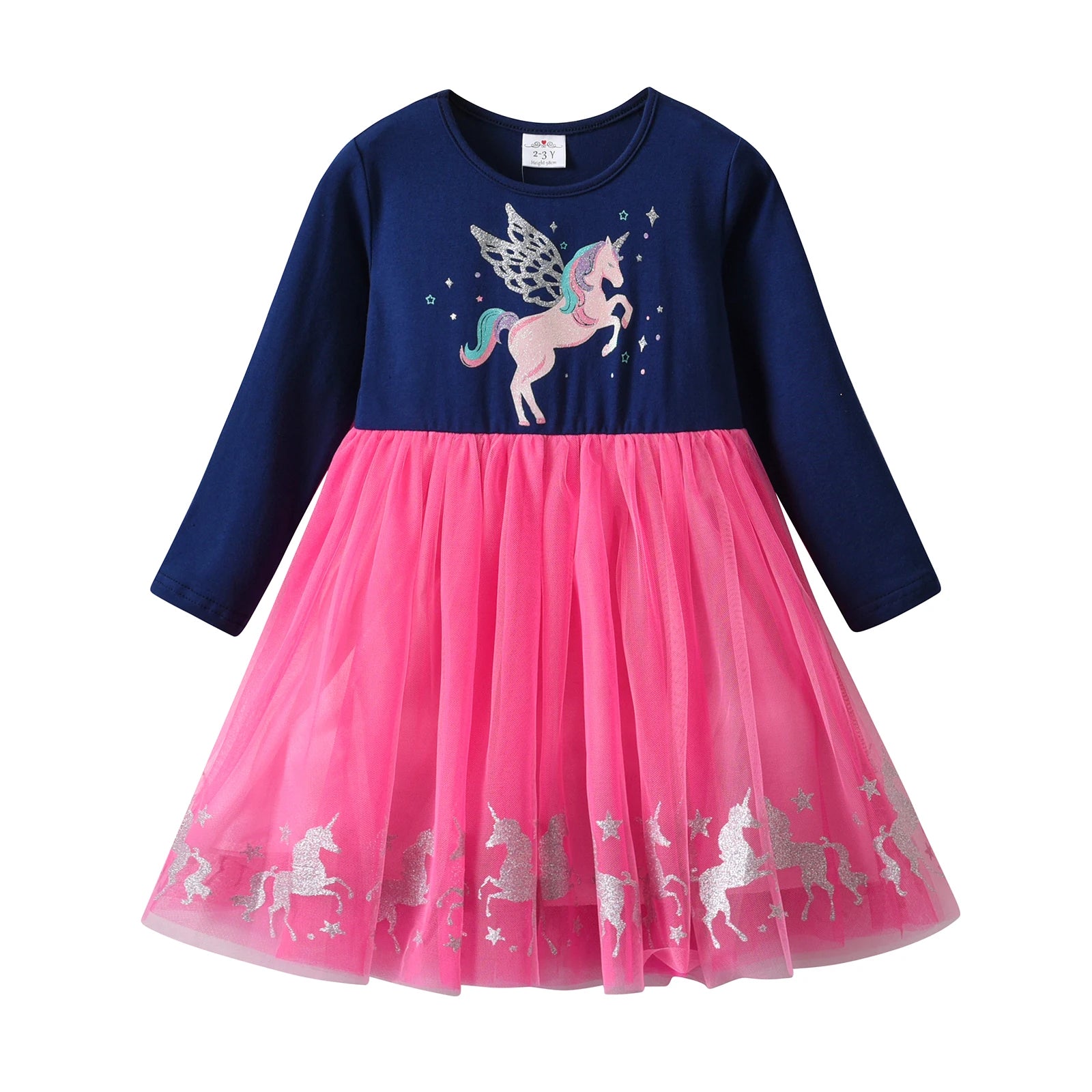 VIKITA Girls Navy Blue Pink Long Sleeve Dress Kids Sparkly Unicorn Print Tulle Mesh Fantasy Party Casual Princess Elegant Dress