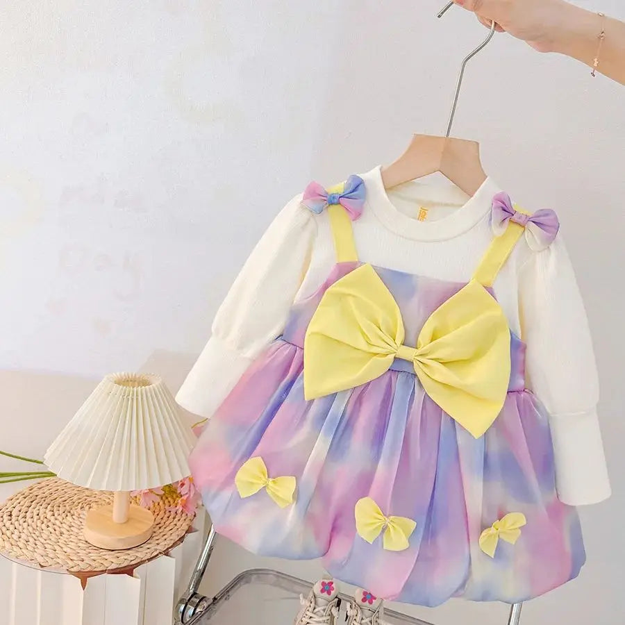Spring And Autumn New Sweet Bow Baby Girl Dress, Colorful Gradient Skirt, Children'S Long Sleeve Clothes (9 Months -3 Years Old)