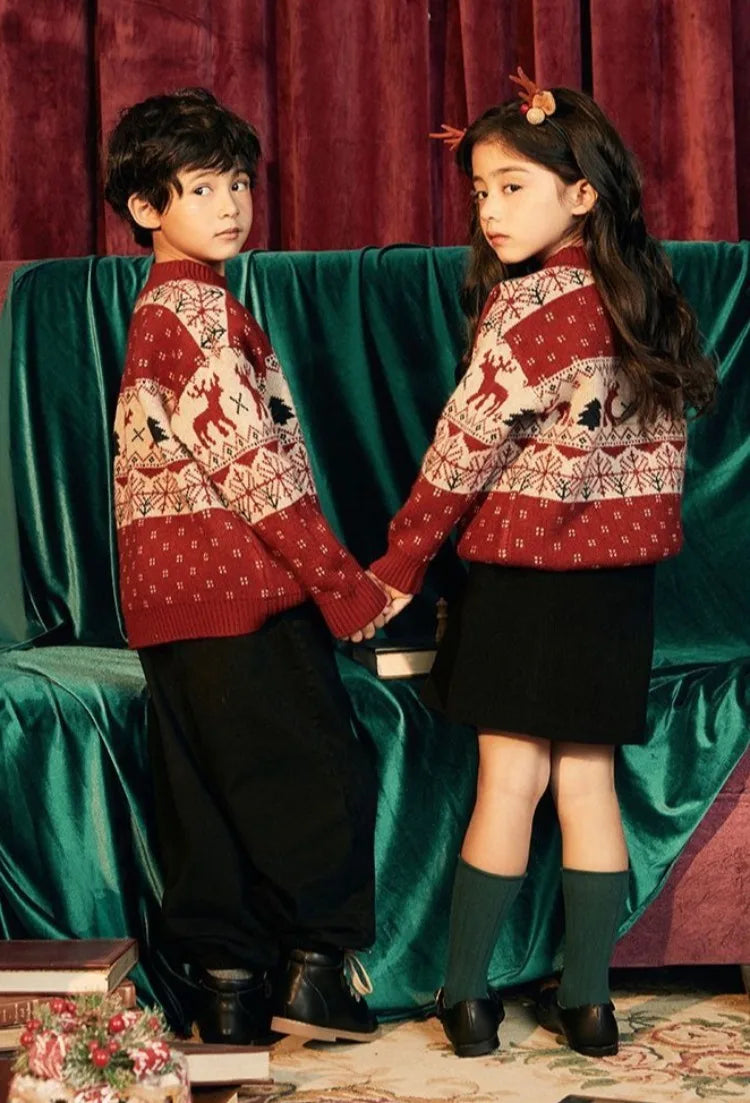 Kids' Christmas Thickened Fleece-Lined Pullover Sweater - Korean Style Warm Baby Boy & Girl Red Holiday Knitwear for Toddler