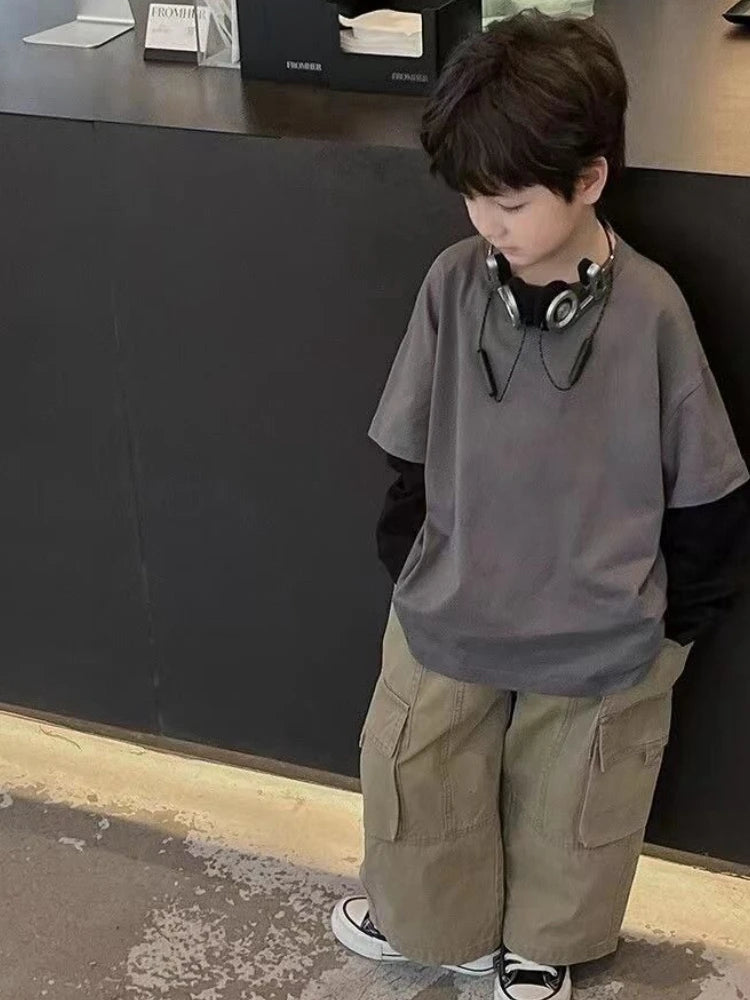 Fake Two Pieces Children's T-shirts Cartoon Fashion Boys Long Sleeve Tee Korean Clothes 2025 Top Clothing Boy T-shirt Kids Child