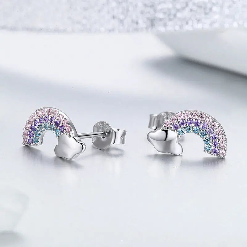 Bamoer 925 Sterling Silver Luxury Girl Earrings Rainbow Butterfy Cute Fancy Funny Ear Stud Original for Women Party Fine Jewelry