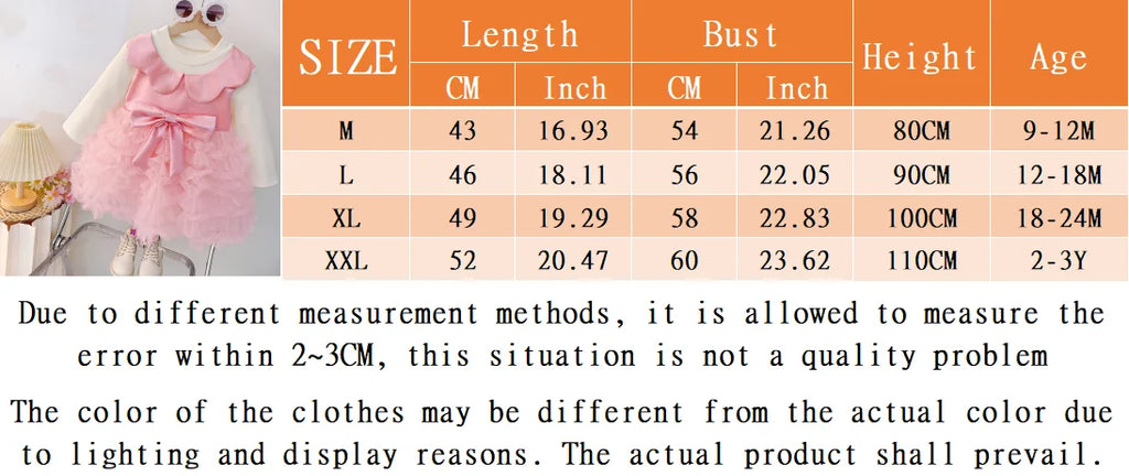 Birthday Party Baby Girl Princess Dress, Spring And Autumn New Sweet Bow Children'S Long Sleeved Clothes (9 Months -3 Years Old)