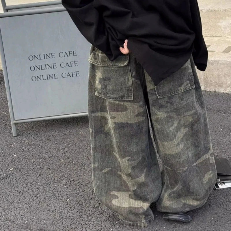 Boys' Vintage Hip-Hop CAMO Wide-Leg Jeans Kids' Spring Autumn 2025 New Release Medium-Large Denim Pants
