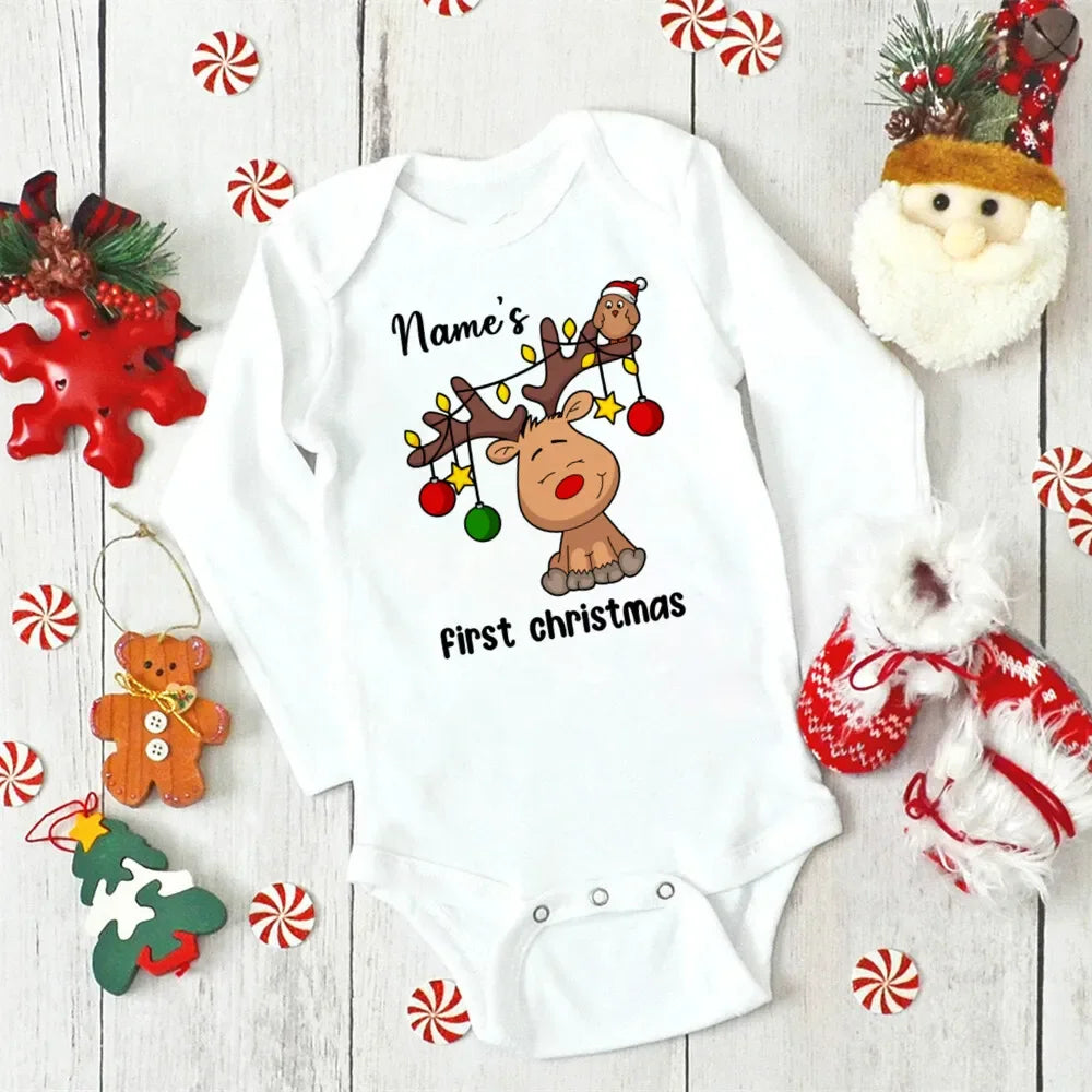 Personalised Christmas Baby Bodysuit Boys Girls Cute Clothes Custom Deer Print Infant Christmas Romper Xmas Party Baby Gift