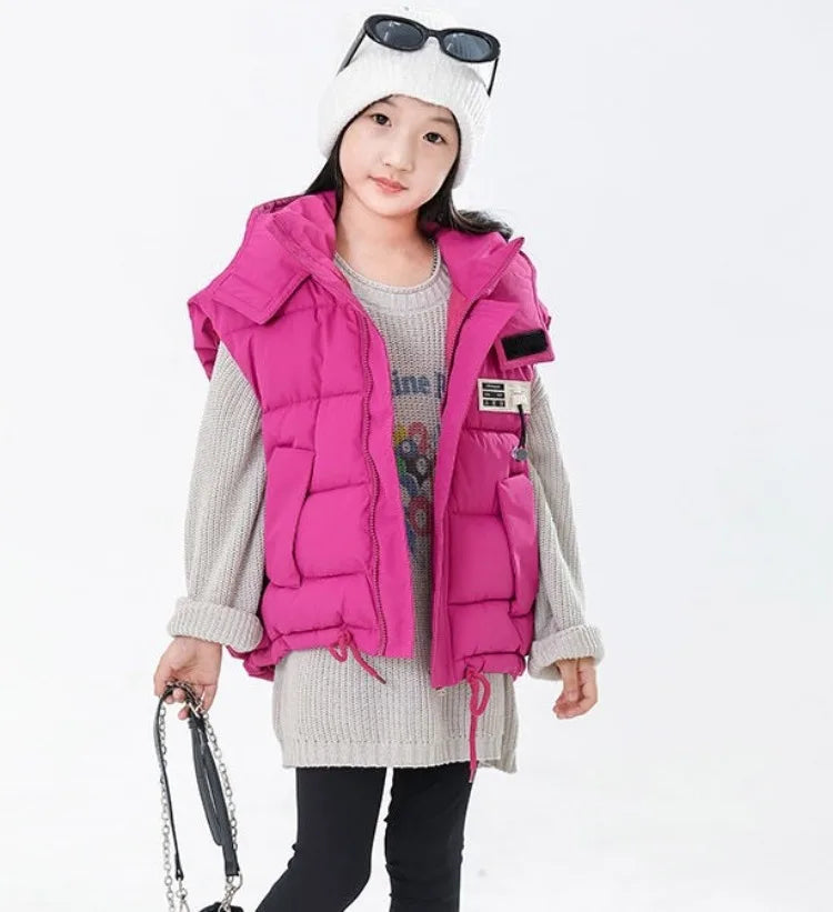 2025 Kids Puffy Windproof Quilted Sleeveless Jacket Korean Style Oversized Cargo Vest for Toddler Boys Thermal Insulated Outdoor