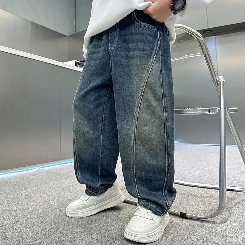 2025 New Korean Style Boys Jeans Spring Autumn Loose Fit Elastic Casual Kids Big Kids Fashion Trendy Jeans