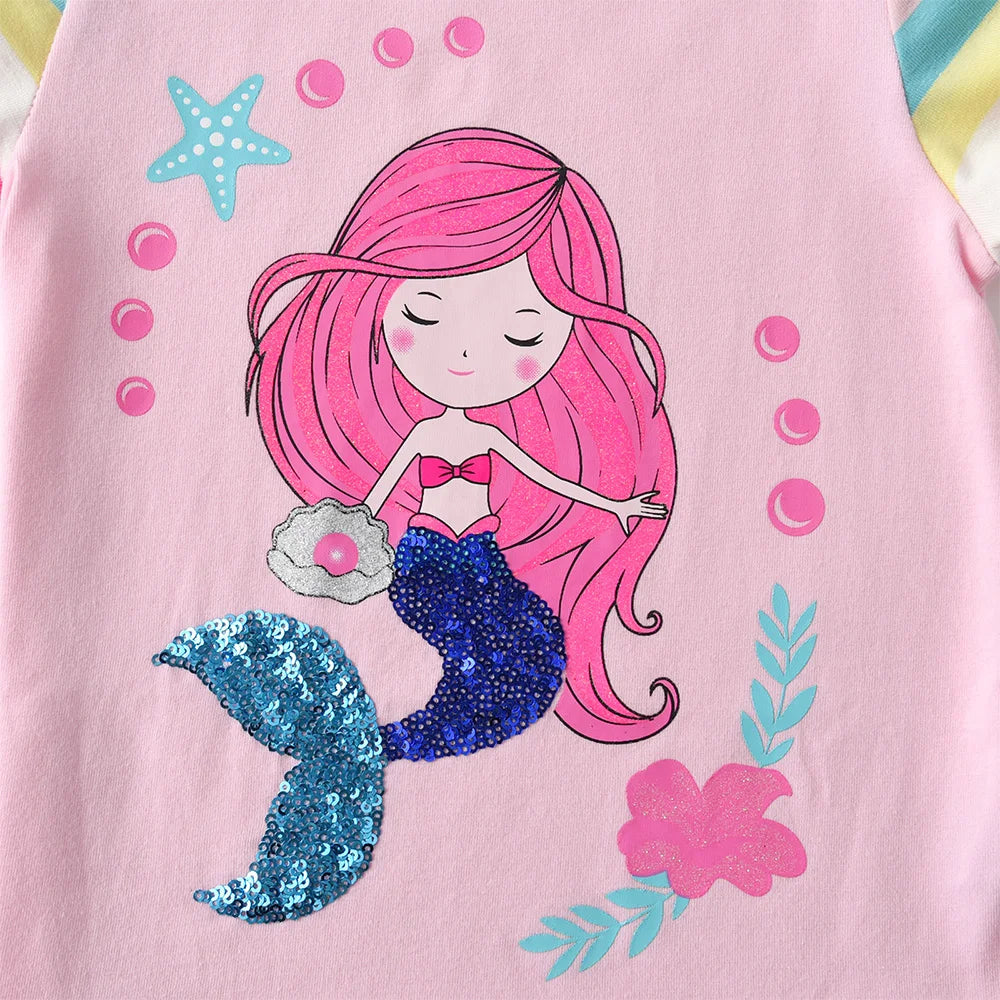 VIKITA Girls Mermaid Print Cartoon T Shirt Kids O Neck Summer Short Sleeve T Shirts Girls Pink Cotton Casual Tops and Tees Wear