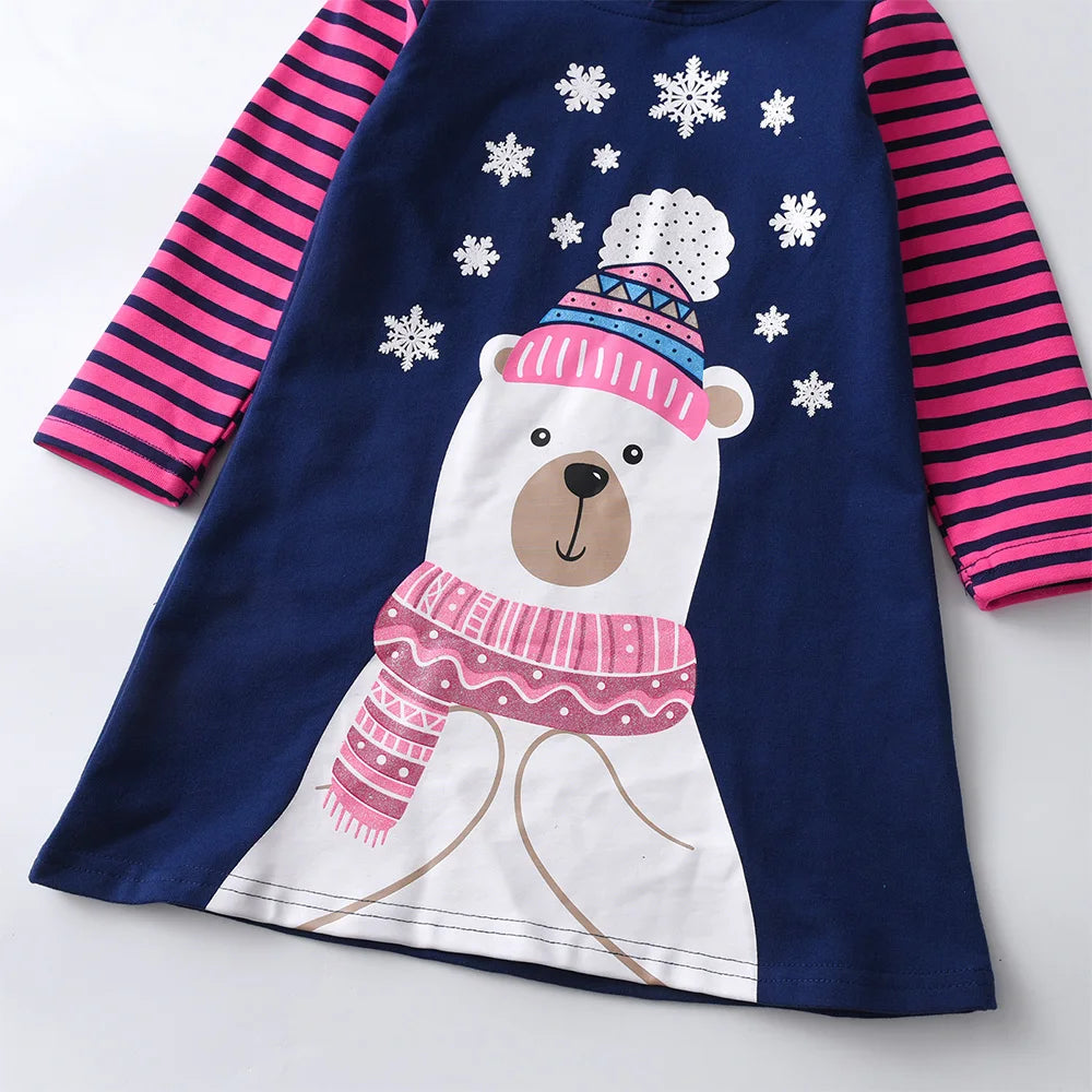 Girls Autumn Winter Hooded Dress Kids Cartoon Snowflakes Striped Straight Dresses Christmas Parties Daily Casual Cotton Dresses
