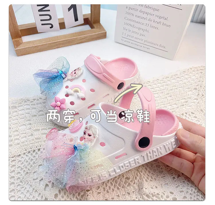 Disney Girls' Slippers Summer Princess Elsa Children's Girls Hole Shoes Summer Frozen Slippers Blue Pink Shoes Size 24-40