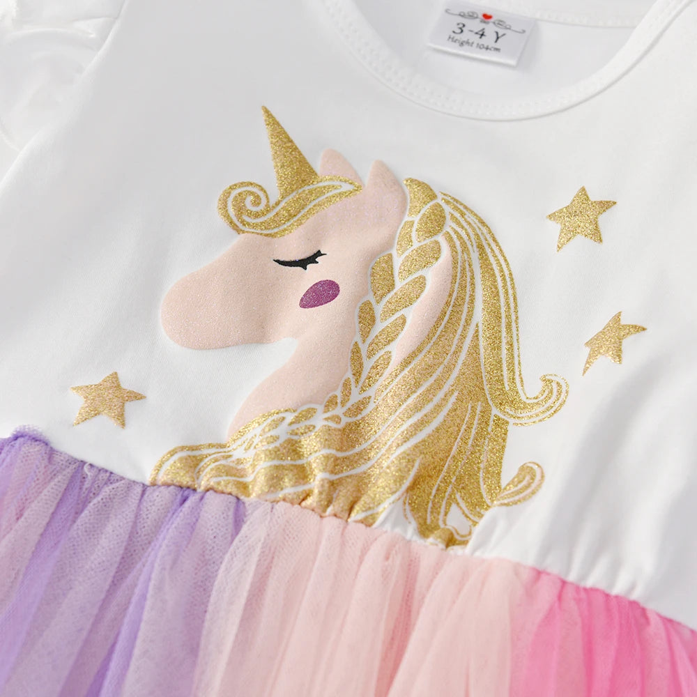 VIKITA Girl Unicorn Cartoon Print Dress Kids Flare Sleeve Autumn Spring Princess Dresses Girls Mesh Tulle Party Vestidos 3-8 Yrs