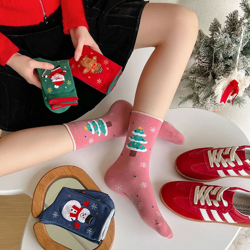 2/4/8 Pairs Children Christmas Socks Cotton Warm Mid-tube Socks For Kids Unisex Knitting Snowflake Elk Stocking Christmas Gift