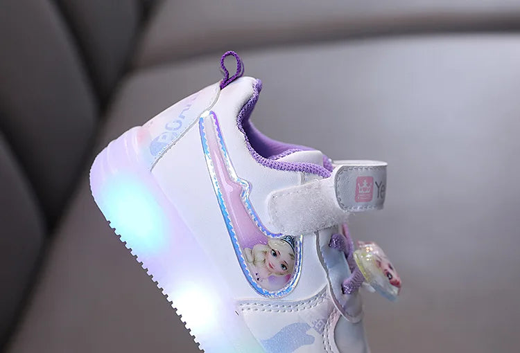 Disney Kids Girls Shoes Children Sneakers Girls Elsa Frozen Princess Casual Sport Student Shoes LED Lights Shoes Size 21-30