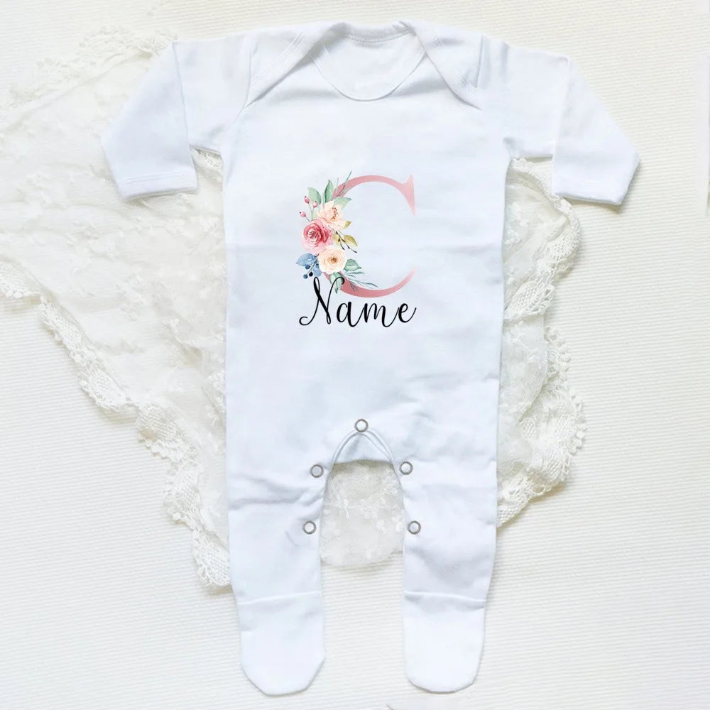 Personalised Babygrow Sleepsuit Flower Initial Infant Romper Baby Coming Home Outfit Newbron Shower Gift Baby Girls Sleepsuit