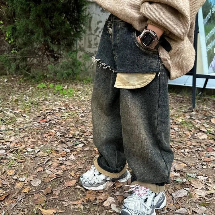 Boys' Autumn Winter Thermal Fleece-Lined Korean-style Patchwork Jeans - Thickened One-Piece Long Pants Spring Autumn New