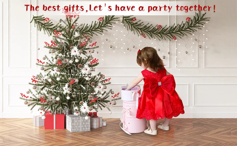 New Year Dress For Girls White Bridesmaid Dresses For Wedding Prom Gown Big Bow Girls Elegant Dresses Red Puffy Christmas Dress