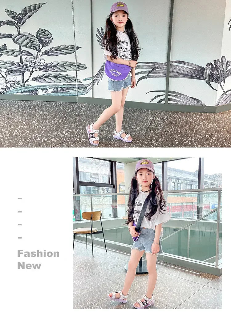 Summer Bestsellers Sanrio Kuromi's New Cute Color-blocked Flat Mesh Breathable and Anti-slip Cartoon Flip-flops for Girls