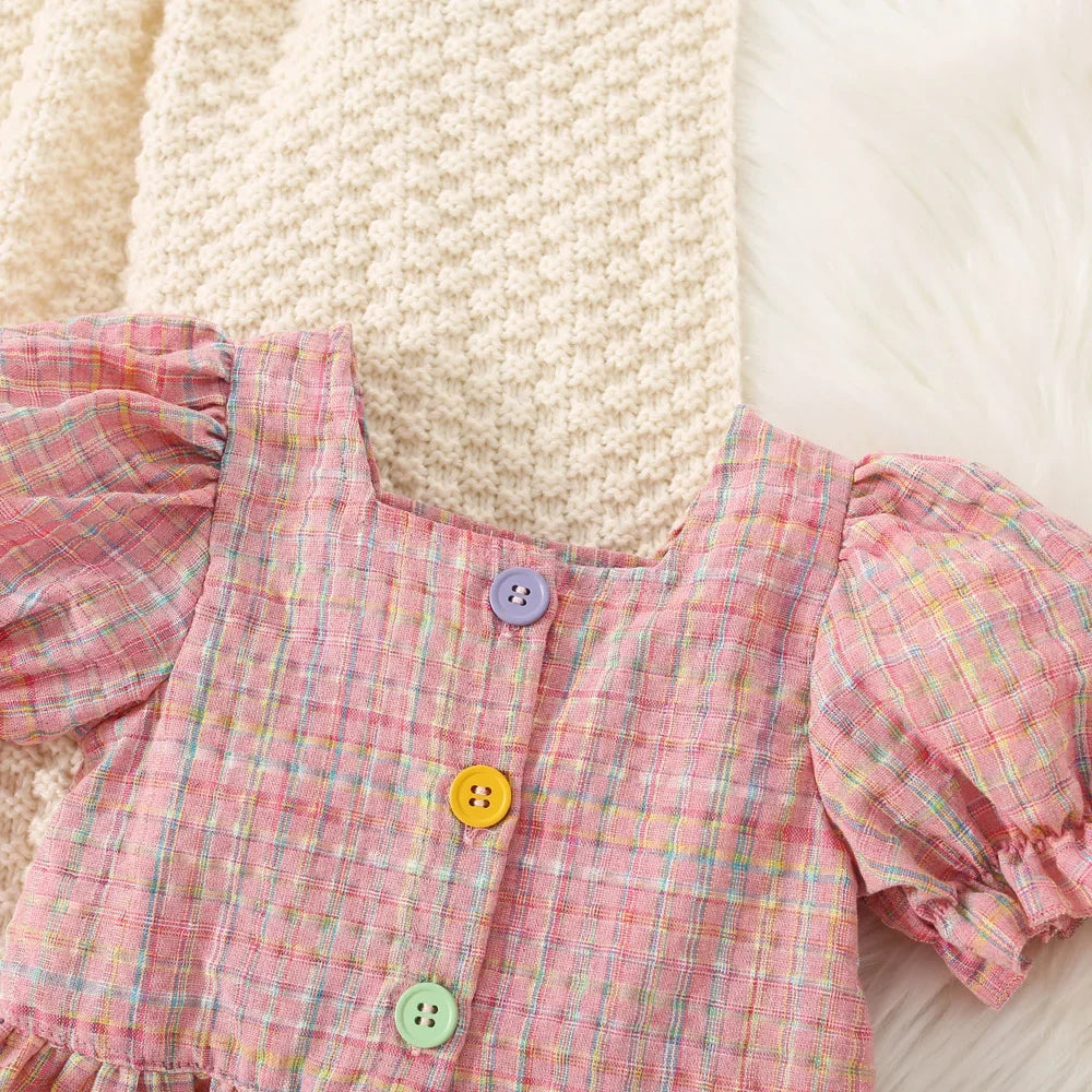 (0-3 Years Old) Summer Baby Girl Cotton Colored Plaid Bubble Sleeve Top and Shorts Set Cute Princess Style Girl Two-piece Set