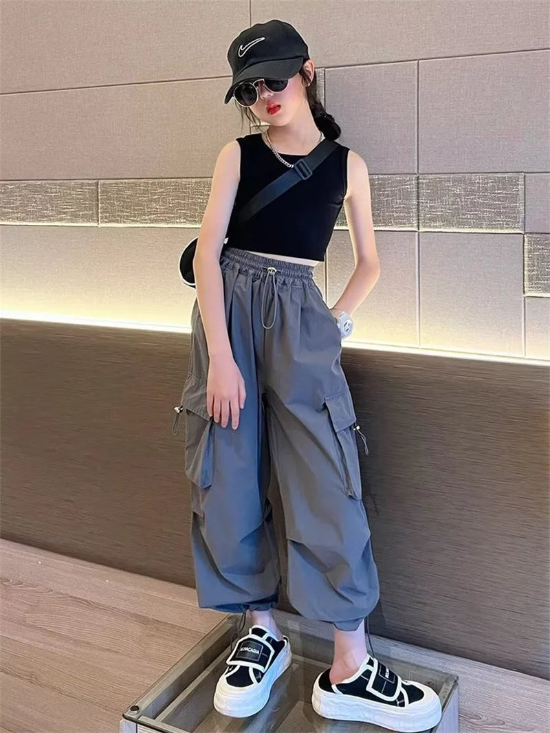 Girls' High Waist Straight Trousers Kids Fashion Hip Hop Joggers Cargo Pants Children Cool Spring Autumn Drawstring Sweatpants