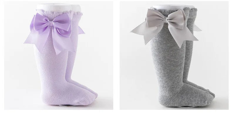 1 Pair Spanish Style Girls Socks Solid Color Big Bow 100% Cotton Baby Children Toddlers Long Socks Princess Knee High Socks