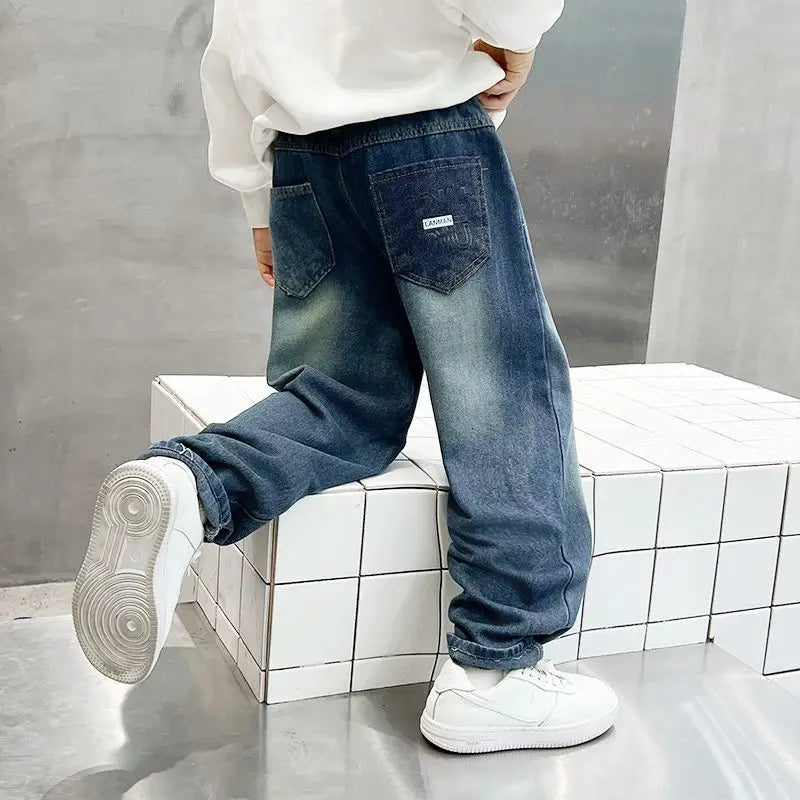 2025 New Boys' Loose Fit Jeans for Kids - Korean Style Washed Denim Long Pants, Trendy & Comfortable