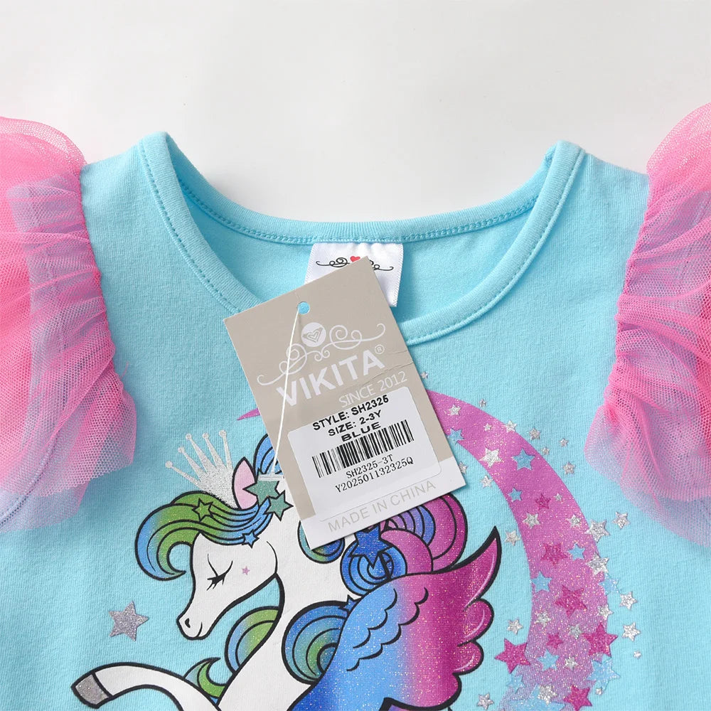 VIKITA Girls Licorne Star Print Dress Kids Summer Flare Sleeve Blue Dresses Kids Birthday Party Fashion Princess Elegant Dresses