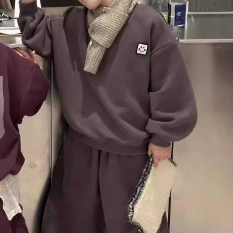 Fleece-Lined Sweatshirt Set 2025 New Children's Clothing Outdoor Clothes Boys Boys' Sets Korean Boy Outfit Top Bottom Kids Boy's