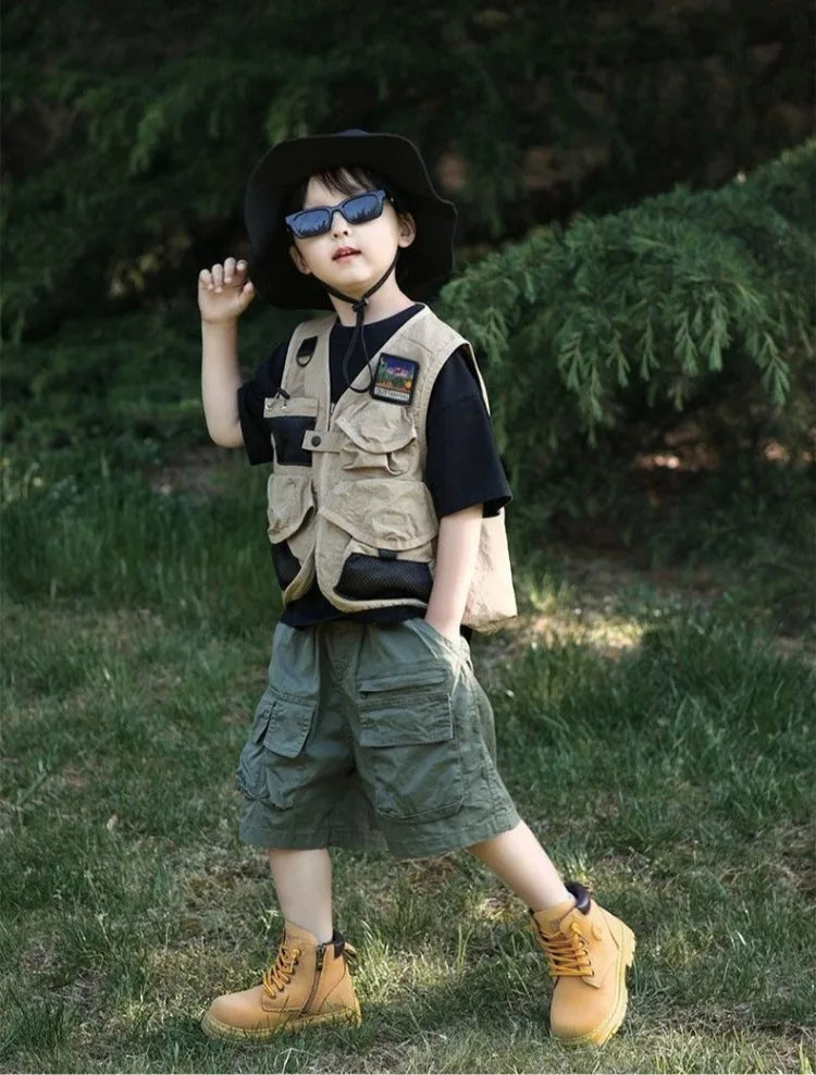 2025 New Autumn Outdoor Tactical Vest for Kids Boys Girls Olive Green Kids Cargo Vest Lightweight Waterproof Hiking Jacket