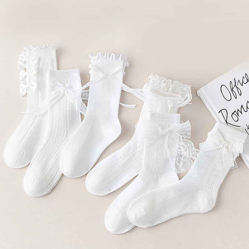 3/6 Pairs Girls Socks White Princess Lace Socks Kids Girl Breathable Children Socks Comfortable Mid Tube Socks For Girls