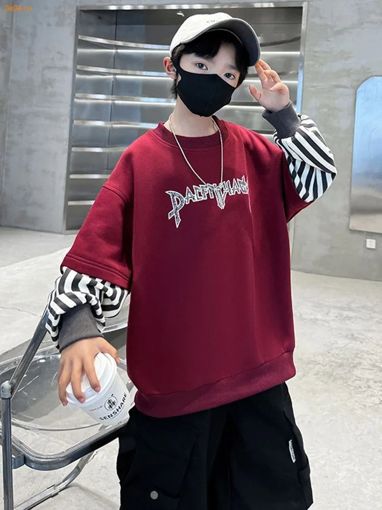 Boys' Medium-Large 2025 New Arrival No Hood Long Sleeve Fake Two-Piece Loose Fit Stylish Sweatshirt for Spring