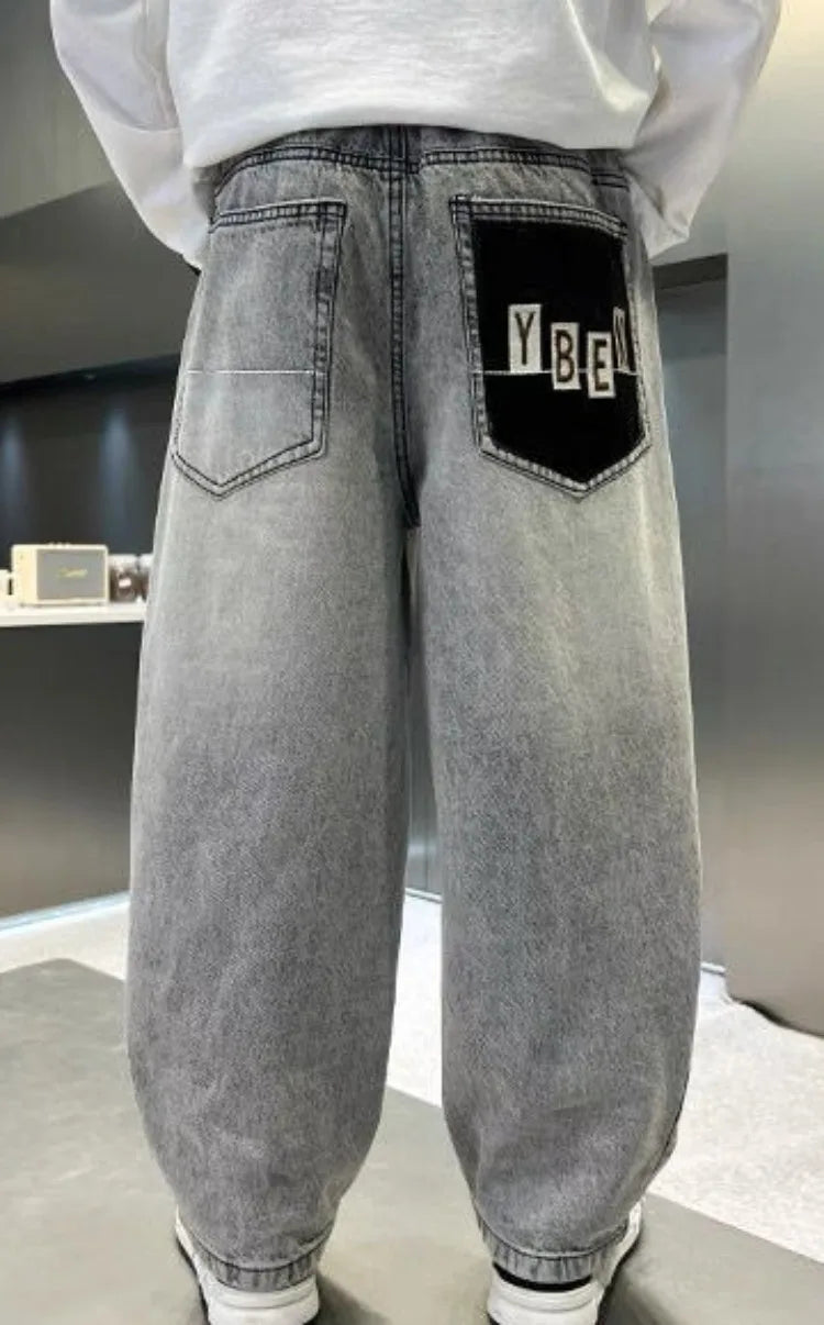 Light Grey Boys' Denim Pants Spring Autumn Casual Relaxed Fit Medium To Large Kids Jeans