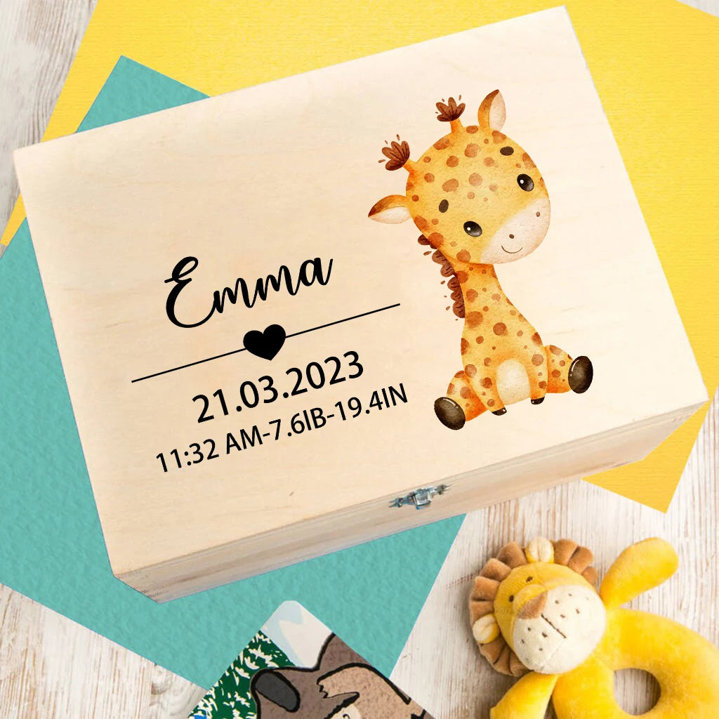 Custom Wooden Baby Box Newborn Baby Gift Personalised Infant Memory Box Cute Animal Print Wood Box Birth Stats Gift New Mom Gift