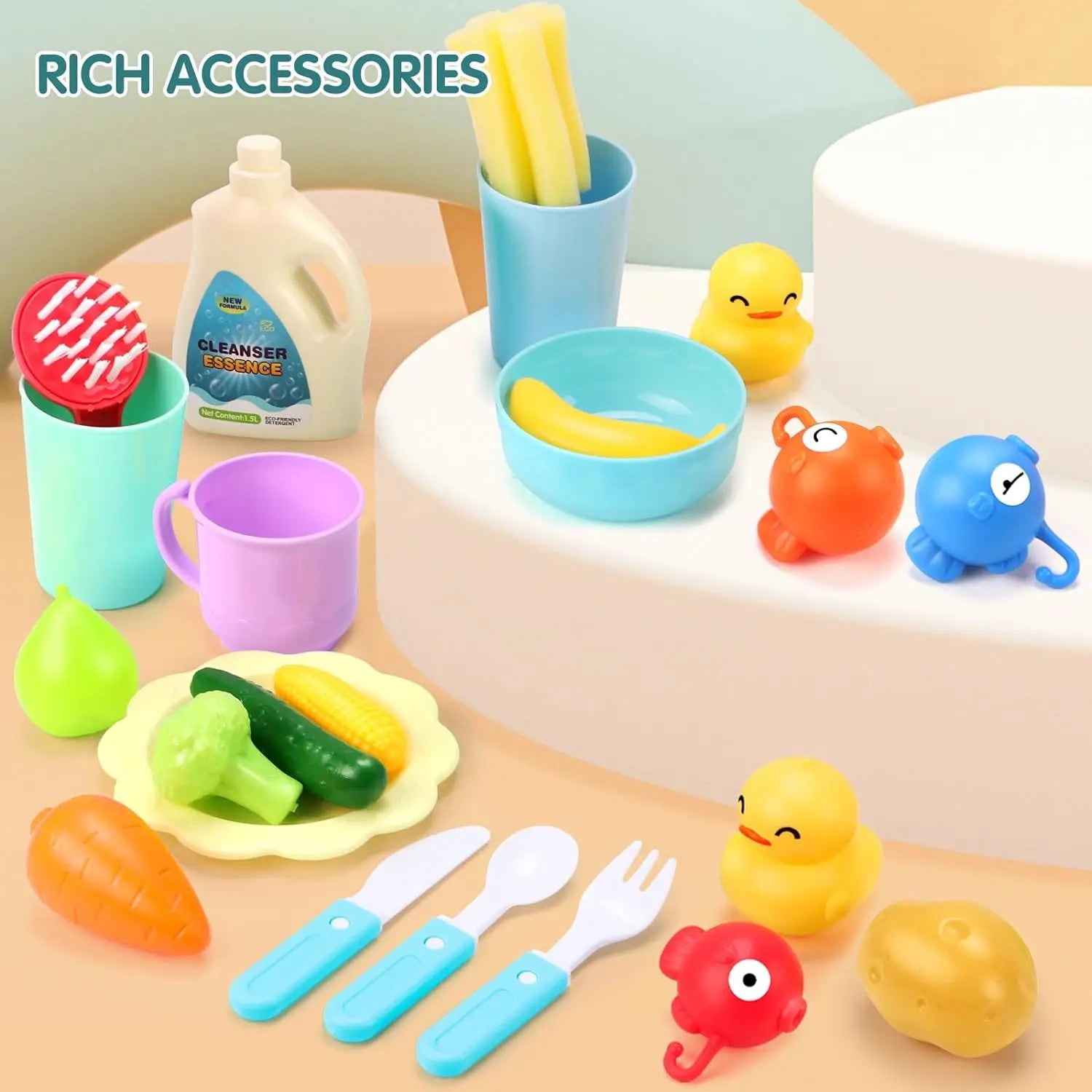 Play Sink with Running Water Kitchen Sink Toys Electric Faucet Play Kitchen Toy Pool Floating Fishing Toys for Water Play