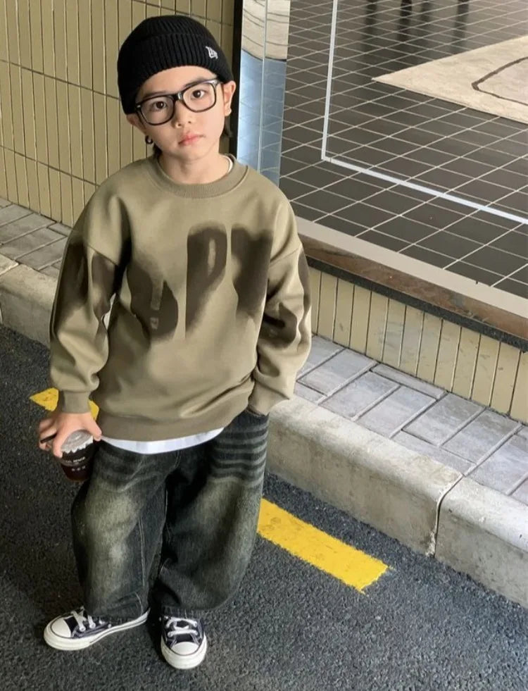 Boys' Medium To Large 2025 New Arrival No Hood Crewneck Spring/Autumn Trendy Street Style Kids Sweatshirt
